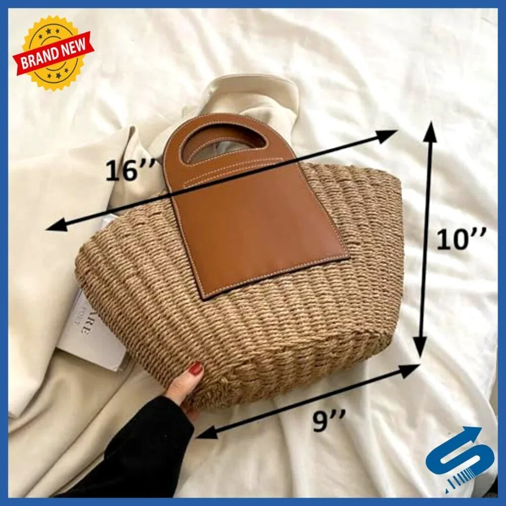Handmade Straw Tote Bag Large Capacity Leather Stitching Boho Beach Travel Bag